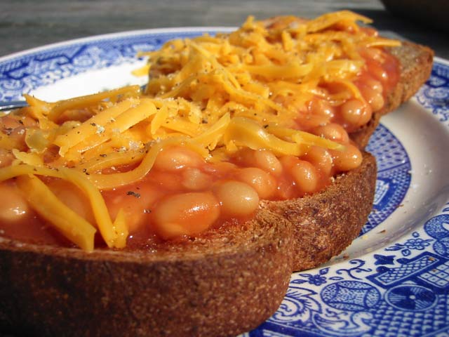 Beans on Toast with grated cheddar cheese, maldon's sea salt, freshly ground pepper