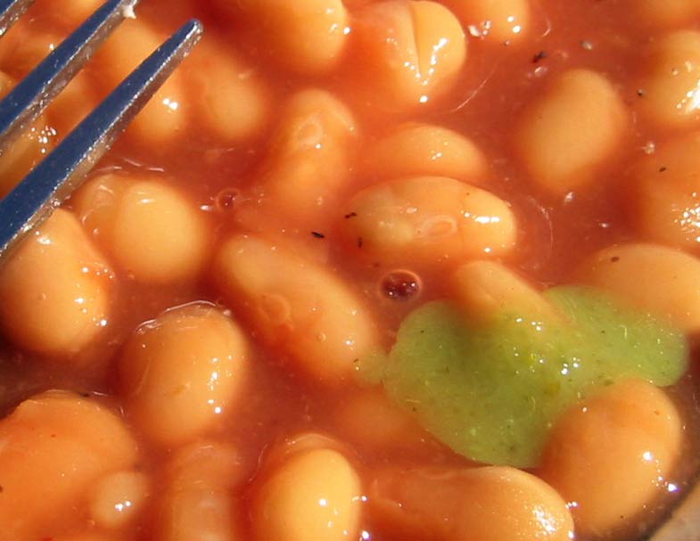 Close view of Heinz baked beans with hot sauce 