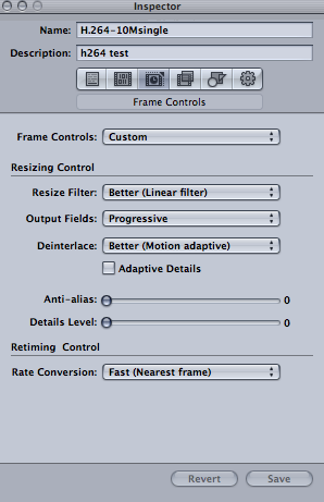 Apple Compressor's Inspector Frame Controls panel